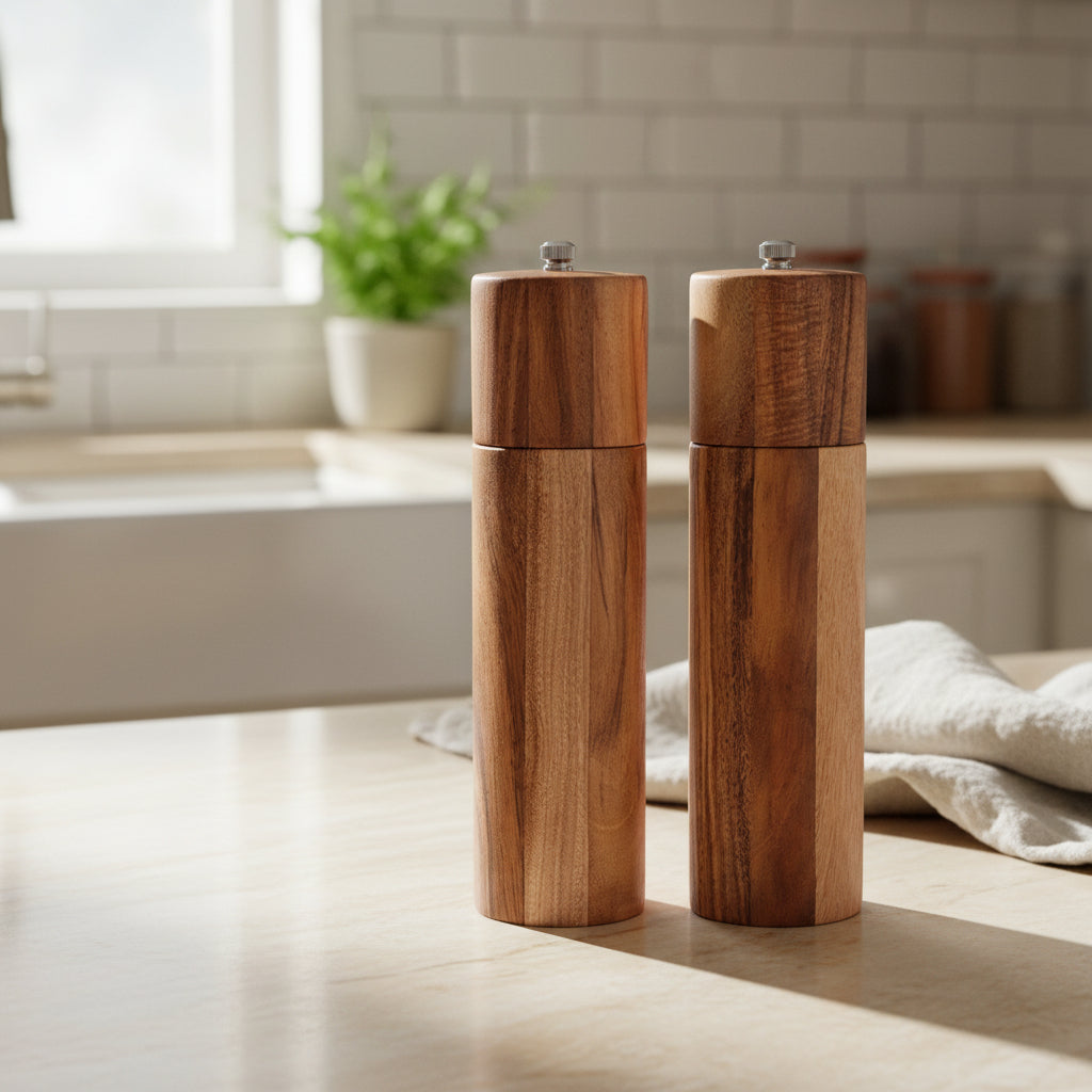 Cylindrical acacia wood pepper grinder with ceramic core by WoodyKitchenware, sleek and reliable for seasoning.