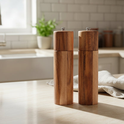 Cylindrical acacia wood pepper grinder with ceramic core by WoodyKitchenware, sleek and reliable for seasoning.