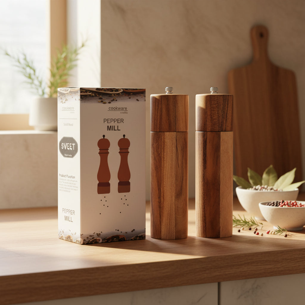 Cylindrical Acacia wood pepper grinder by WoodyKitchenware with ceramic core, sleek design, and reliable grinding mechanism.