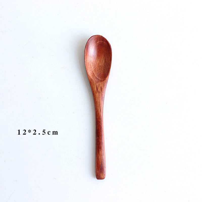 Six-piece set of eco-friendly wooden baby eating spoons by WoodyKitchenware, gentle and perfect for feeding infants.