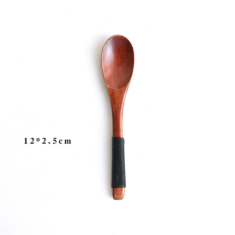 Six-piece set of WoodyKitchenware wooden baby eating spoons, gentle, eco-friendly feeding utensils for infants.