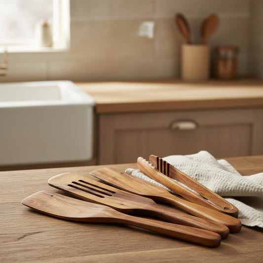 Set of WoodyKitchenware Acacia long-handled spatulas with wooden handles, perfect for mixing and cooking in the kitchen.