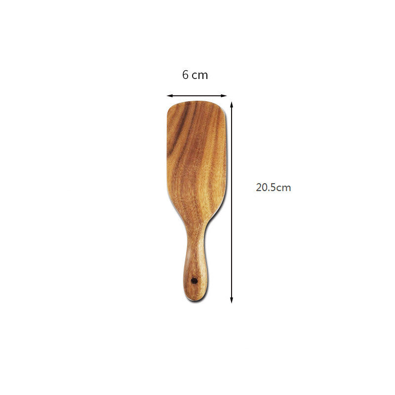 WoodyKitchenware Acacia long-handled spatula set with premium wooden mixing and cooking utensils, displayed together.