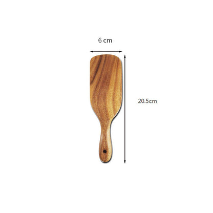 WoodyKitchenware Acacia long-handled spatula set with premium wooden mixing and cooking utensils, displayed together.
