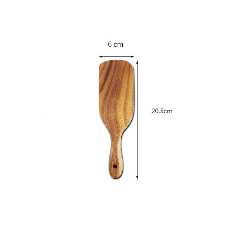 WoodyKitchenware Acacia long-handled spatula set with premium wooden mixing and cooking utensils, displayed together.