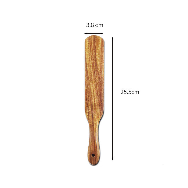 Set of wooden Acacia long-handled spatulas from WoodyKitchenware, featuring smooth handles and natural wood finish for cooking and mixing.