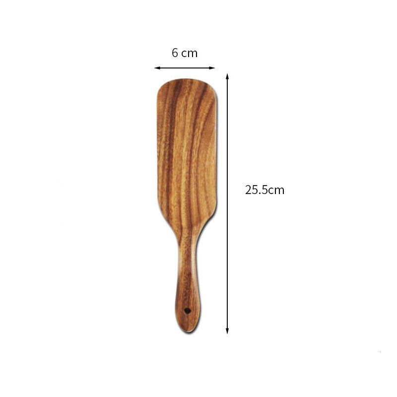Set of WoodyKitchenware Acacia long-handled wooden spatulas for mixing and cooking, with smooth handles and natural wood grain.