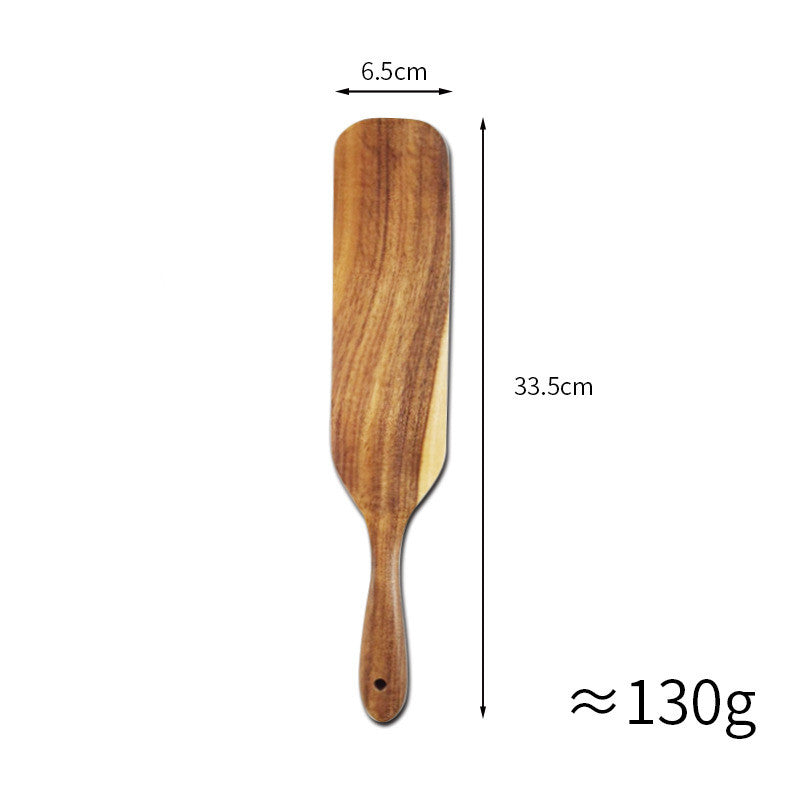 WoodyKitchenware Acacia long-handled spatula set with premium wooden mixing and cooking utensils, showing multiple spatulas with smooth handles.