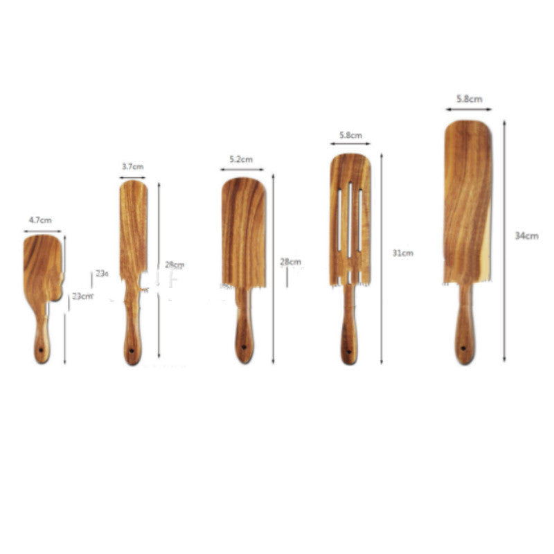 Set of WoodyKitchenware acacia long-handled spatulas featuring smooth wooden handles and flat spatula heads for mixing and cooking.
