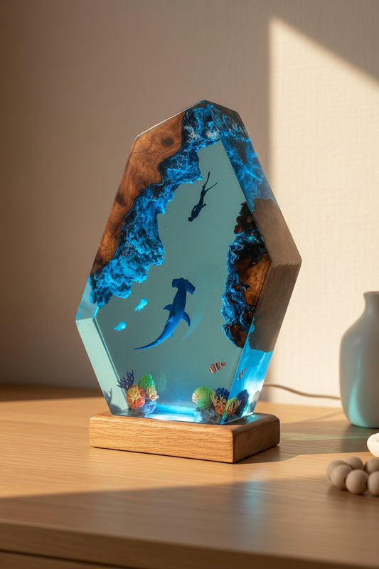 Handcrafted wooden resin night light by Woody's Rituals, USB-powered solid wood and resin night lamp with warm glow.