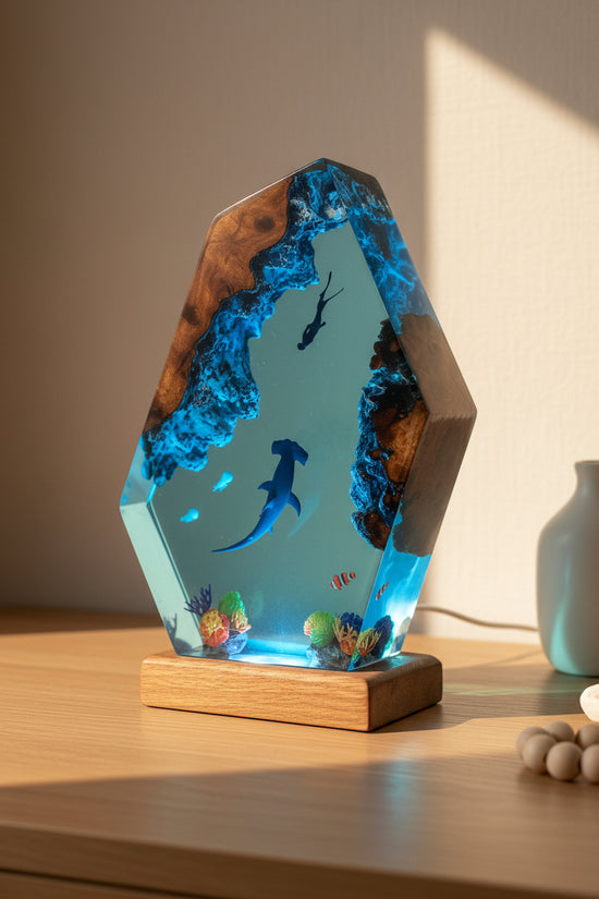 Handcrafted wooden resin night light by WoodyKitchenware, USB-powered solid wood and resin night lamp with warm glow.