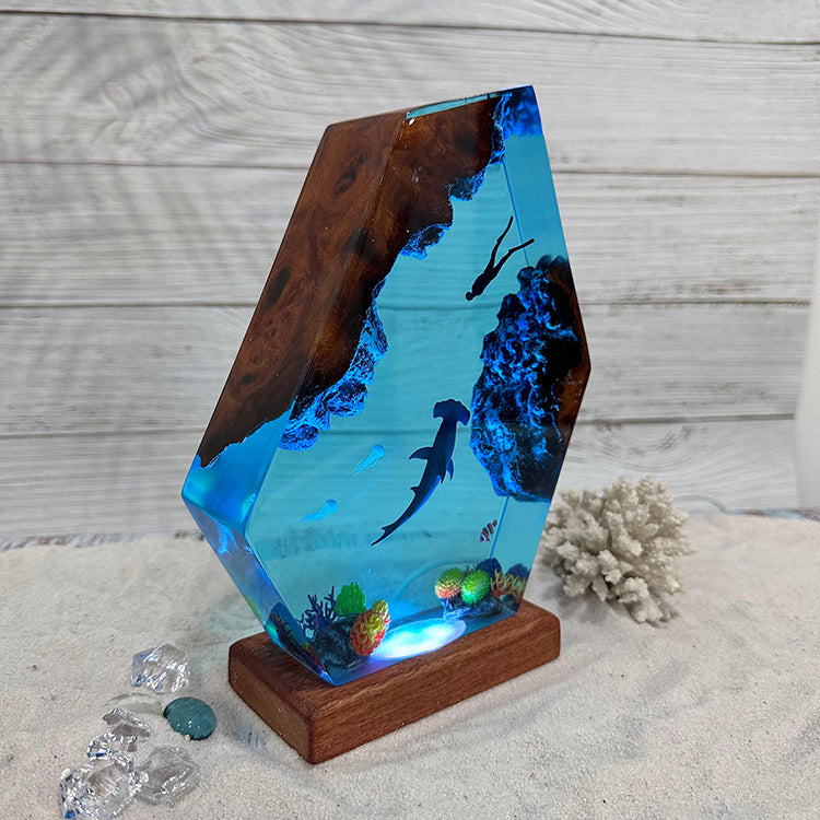 Handcrafted wood and resin night light by WoodyKitchenware, USB-powered solid wood night lamp with warm glow.