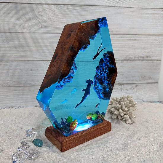 Handcrafted wood and resin night light by WoodyKitchenware, USB-powered solid wood night lamp with warm glow.