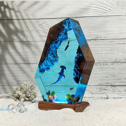 Handcrafted wood and resin night light by WoodyKitchenware, USB-powered solid wood night lamp with a warm, natural glow.