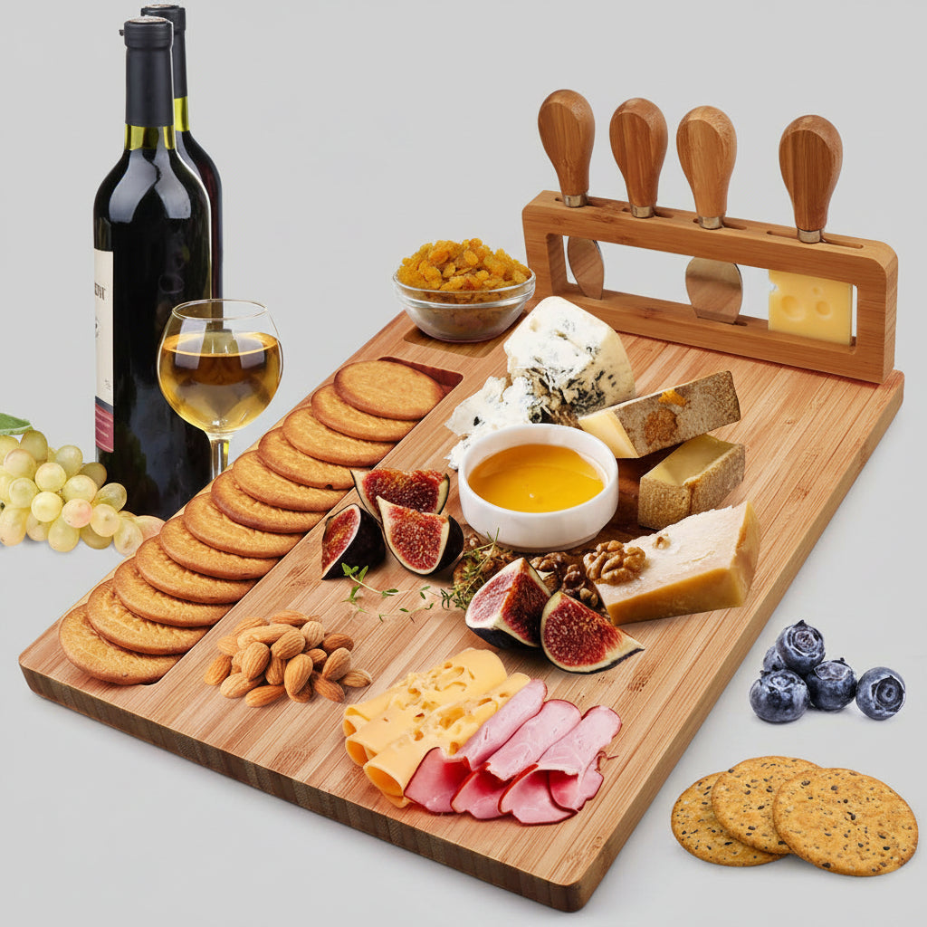 Square bamboo serving board by WoodyKitchenware, made from sustainable Fortress bamboo timber for serving and presentation.