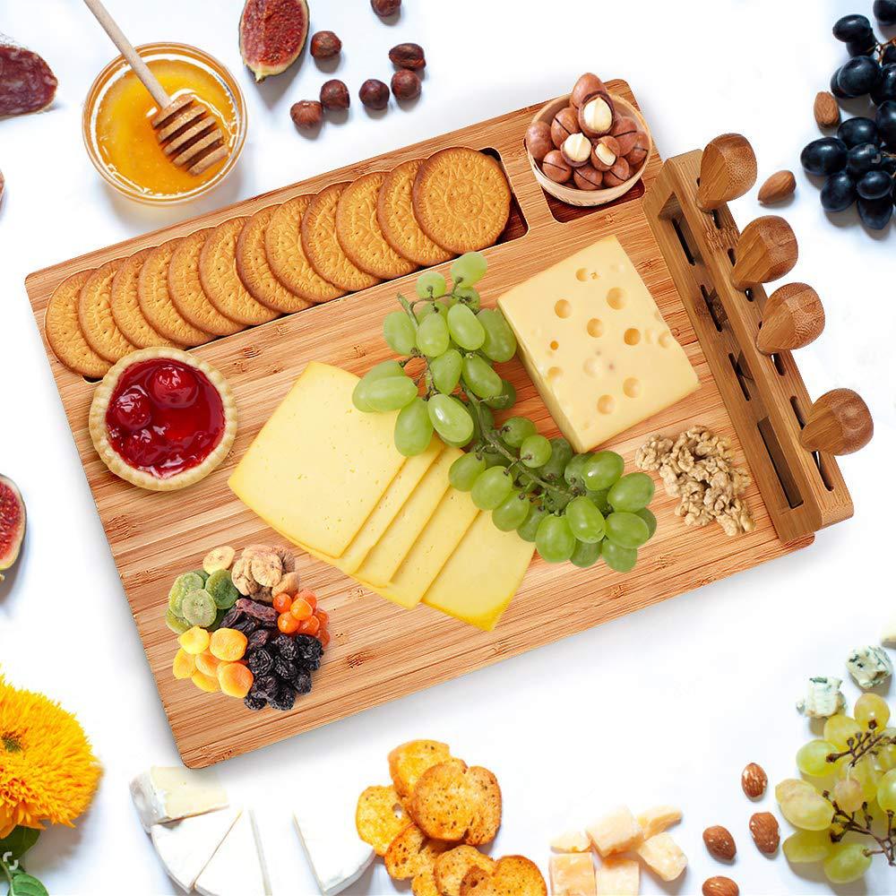 Square bamboo serving board by WoodyKitchenware, made from sustainable Fortress solid bamboo timber, ideal for serving cheeses and snacks.