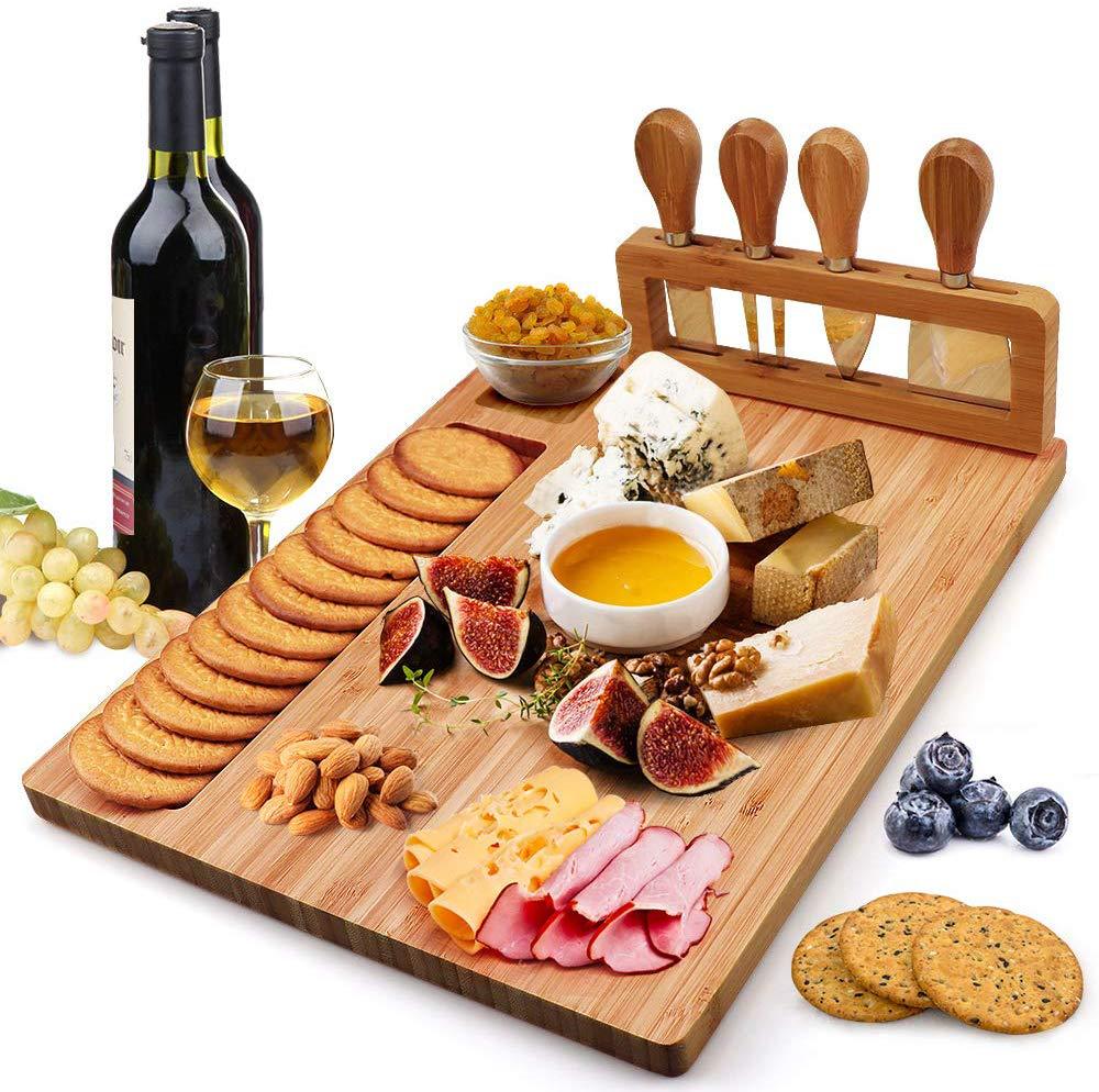 Square bamboo serving board by WoodyKitchenware, made from sustainable Fortress bamboo for serving cheese and appetizers.