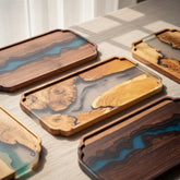 Elegant rectangular bamboo wooden tea tray with epoxy resin accents from Woody&