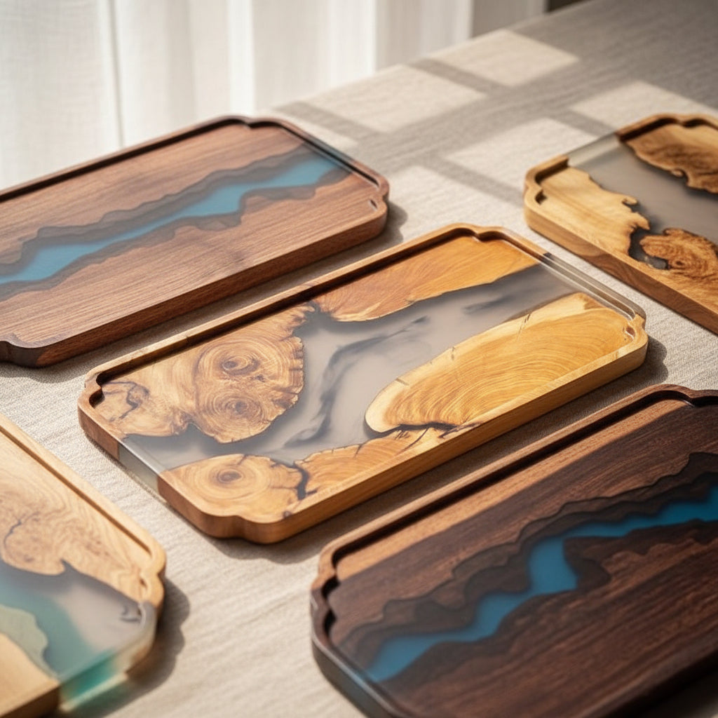 Elegant rectangular bamboo wooden tea tray with epoxy resin accents from WoodyKitchenware, perfect for serving tea in style.