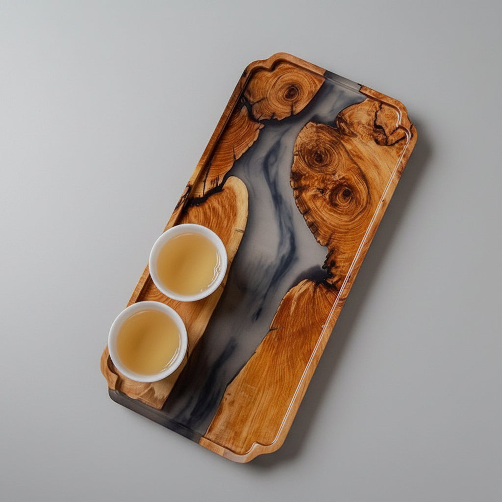 Rectangular bamboo tea tray with epoxy resin accents, handcrafted by WoodyKitchenware, elegant wooden serving tray for tea ceremonies