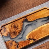 Elegant rectangular bamboo wooden tea tray with epoxy resin accents, perfect for serving tea in a stylish, natural design by WoodyKitchenware.