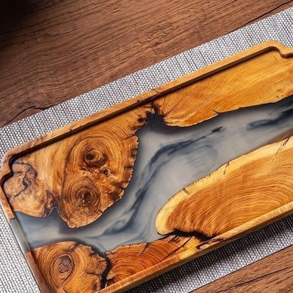Elegant rectangular bamboo wooden tea tray with epoxy resin accents, perfect for serving tea in a stylish, natural design by WoodyKitchenware.