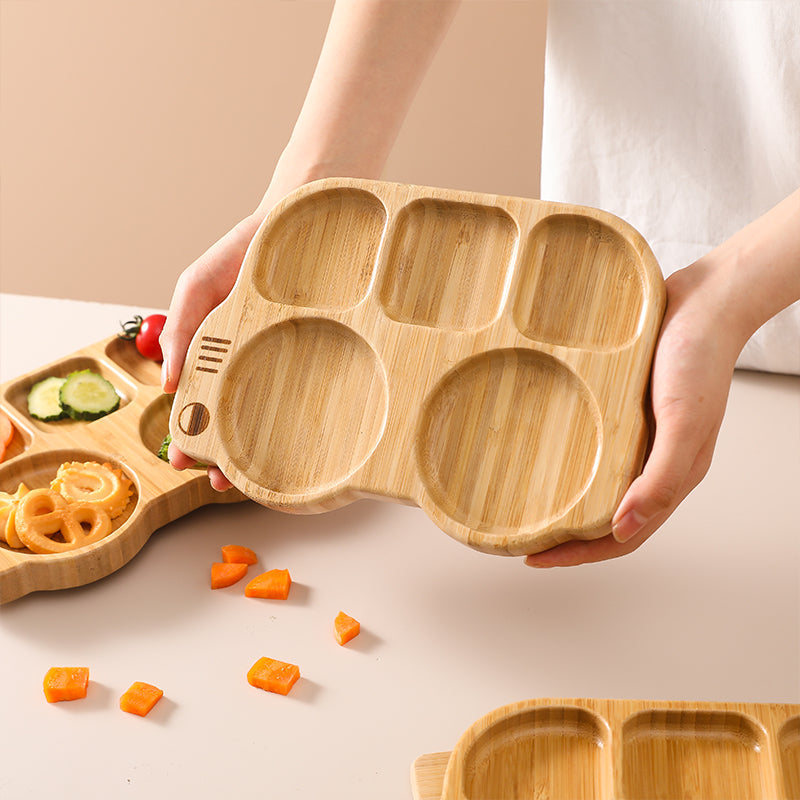 Eco-friendly wooden feeding bowls for children from WoodyKitchenware, bamboo dinnerware set with natural wood finish.