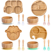Eco-friendly wooden feeding bowls for children from WoodyKitchenware, made of bamboo in a colorful dinnerware set.