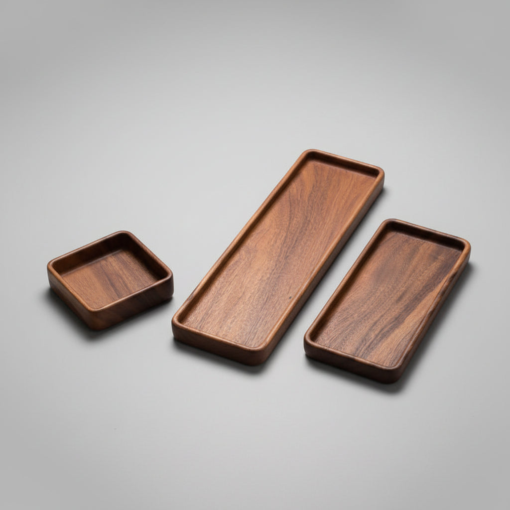 Wooden storage tray by WoodyKitchenware, made of walnut with 14x14x3cm solid timber, designed for organization and display.