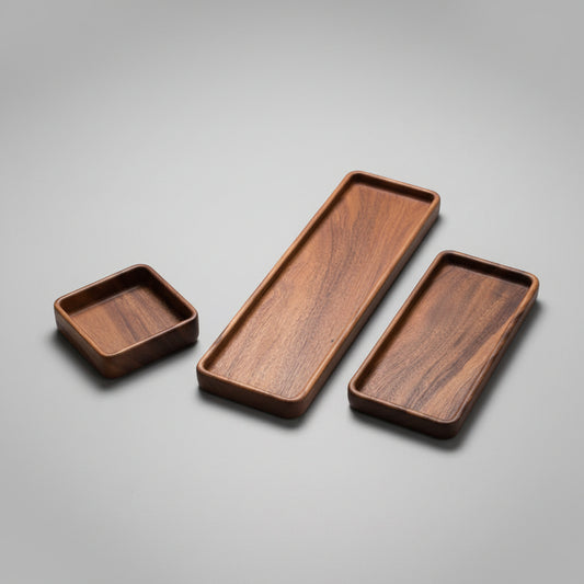 Wooden storage tray by Woody's Rituals, made of walnut with 14x14x3cm solid timber, designed for organization and display.