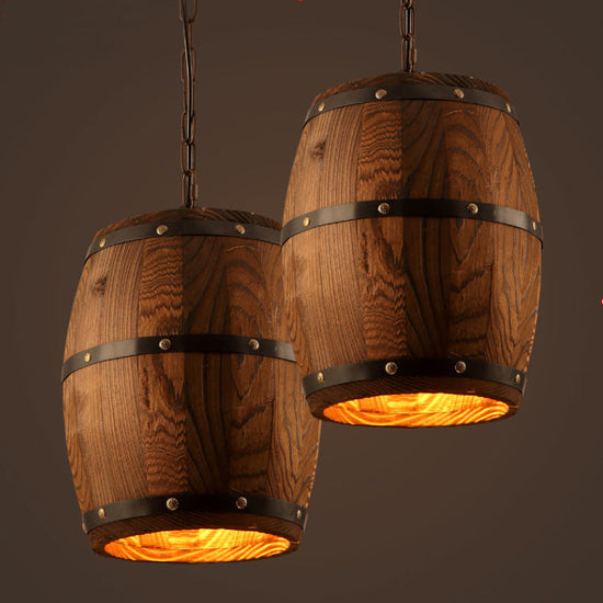 Rustic wooden wine barrel chandelier with vintage design, hanging bulbs, suitable for dining, café, and living space decor.