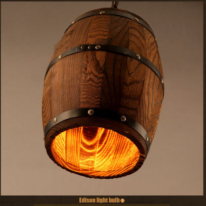 Rustic wooden wine barrel chandelier with vintage design, hanging with exposed bulbs, for dining, café, or living space decor by WoodyKitchenware