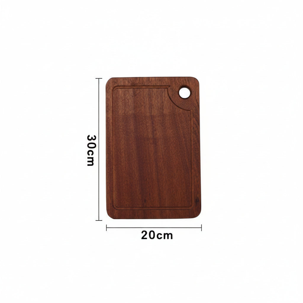 Rustic wooden steak and pizza board with sauce trough by WoodyKitchenware, featuring a 30x30cm versatile serving surface.