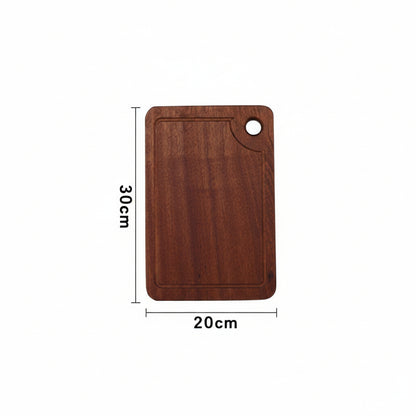 Rustic wooden steak and pizza board with sauce trough by WoodyKitchenware, featuring a 30x30cm versatile serving surface.