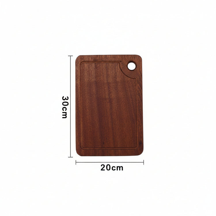 Rustic wooden steak and pizza board with sauce trough by WoodyKitchenware, featuring a 30x30cm versatile serving surface.