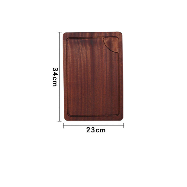 Rustic wooden steak and pizza board with sauce trough by WoodyKitchenware, perfect for serving meats and pizzas.