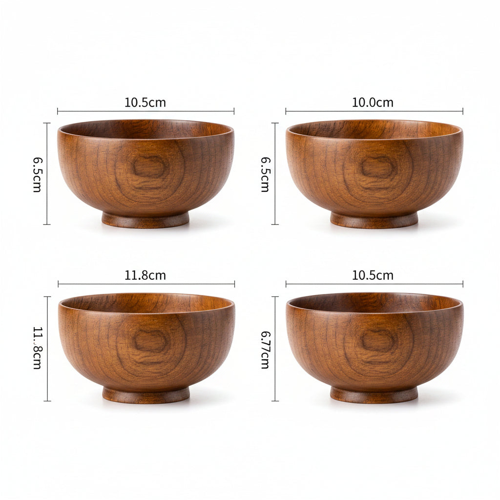 Set of four round wooden bowls by WoodyKitchenware, showcasing natural wood grain and smooth finish for table decor and serving.