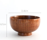 Set of four round wooden bowls by WoodyKitchenware, showcasing natural wood grain, perfect for serving or tabletop decor.