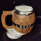 Large wooden-colored draft beer mug by WoodyKitchenware, bar-style glass vessel for handcrafted beer drinking, 580ml capacity.