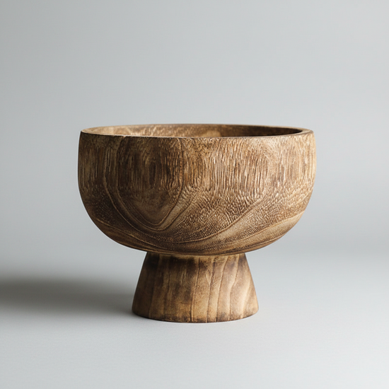 Decorative wood bowl by WoodyKitchenware with high pedestal, made of solid timber, showcasing natural wood grain and craftsmanship.