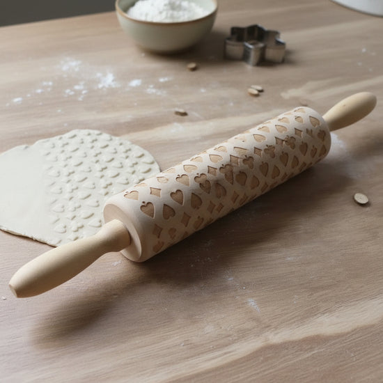 Wooden Christmas poker printing rolling pin by WoodyKitchenware, featuring festive holiday designs for baking and decorating.