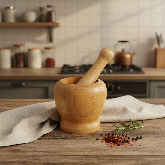 Natural wood garlic masher and peeler set by WoodyKitchenware, eco-friendly kitchen essential with smooth handles and functional design.
