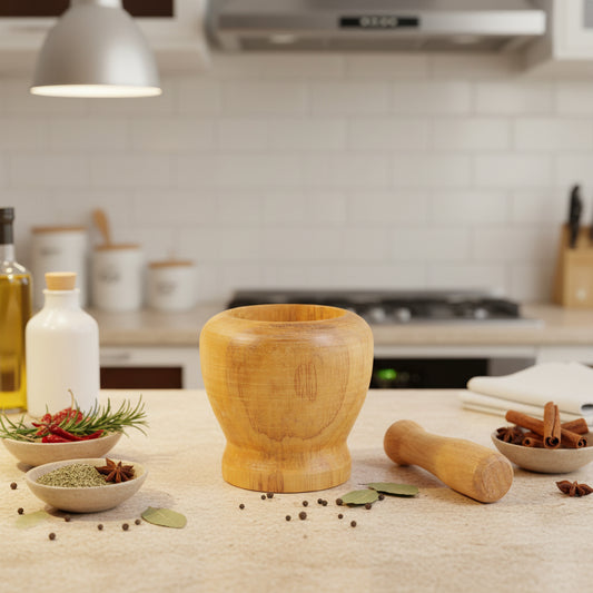 Natural wood garlic masher and peeler set by WoodyKitchenware, eco-friendly kitchen essential with smooth wooden handles and tools.