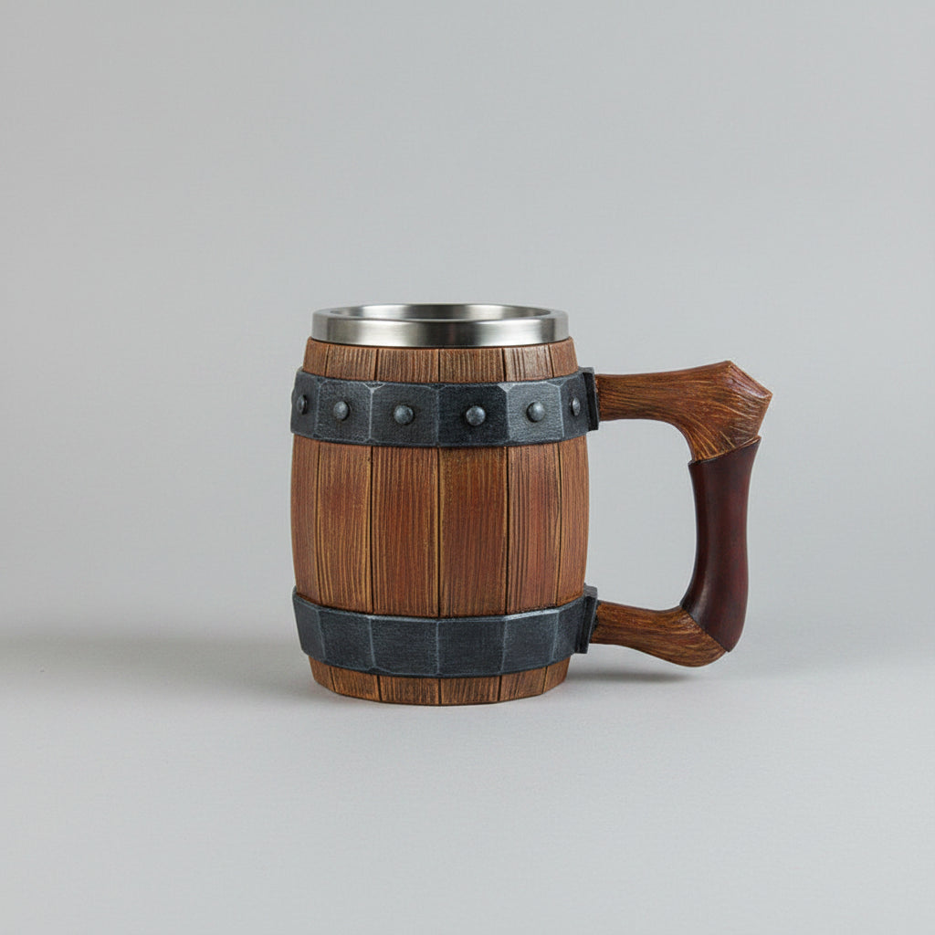 Wooden barrel-shaped mug by WoodyKitchenware, sculpted artisan design, crafted from solid wood for Cellar Master&