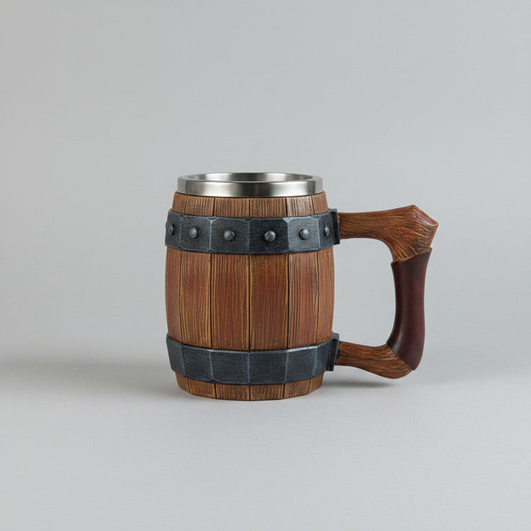 Wooden barrel-shaped mug by WoodyKitchenware, sculpted artisan design, crafted from solid wood for Cellar Master&