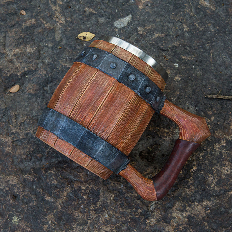 Wooden barrel-shaped stein by WoodyKitchenware with sculpted artisan design, handcrafted wood mug for drinks.