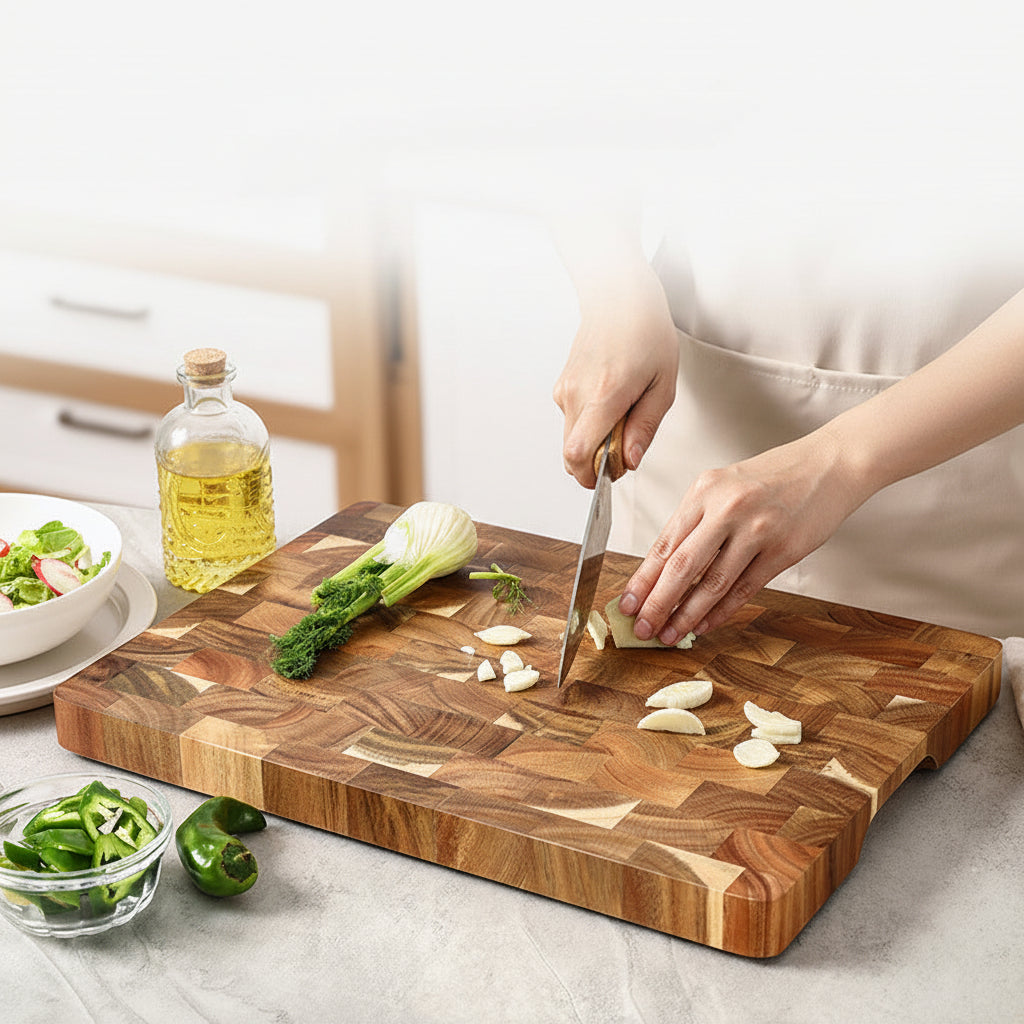 Acacia household solid wood cutting board from WoodyKitchenware, showcasing a smooth, yellow-acacia surface perfect for kitchen prep.