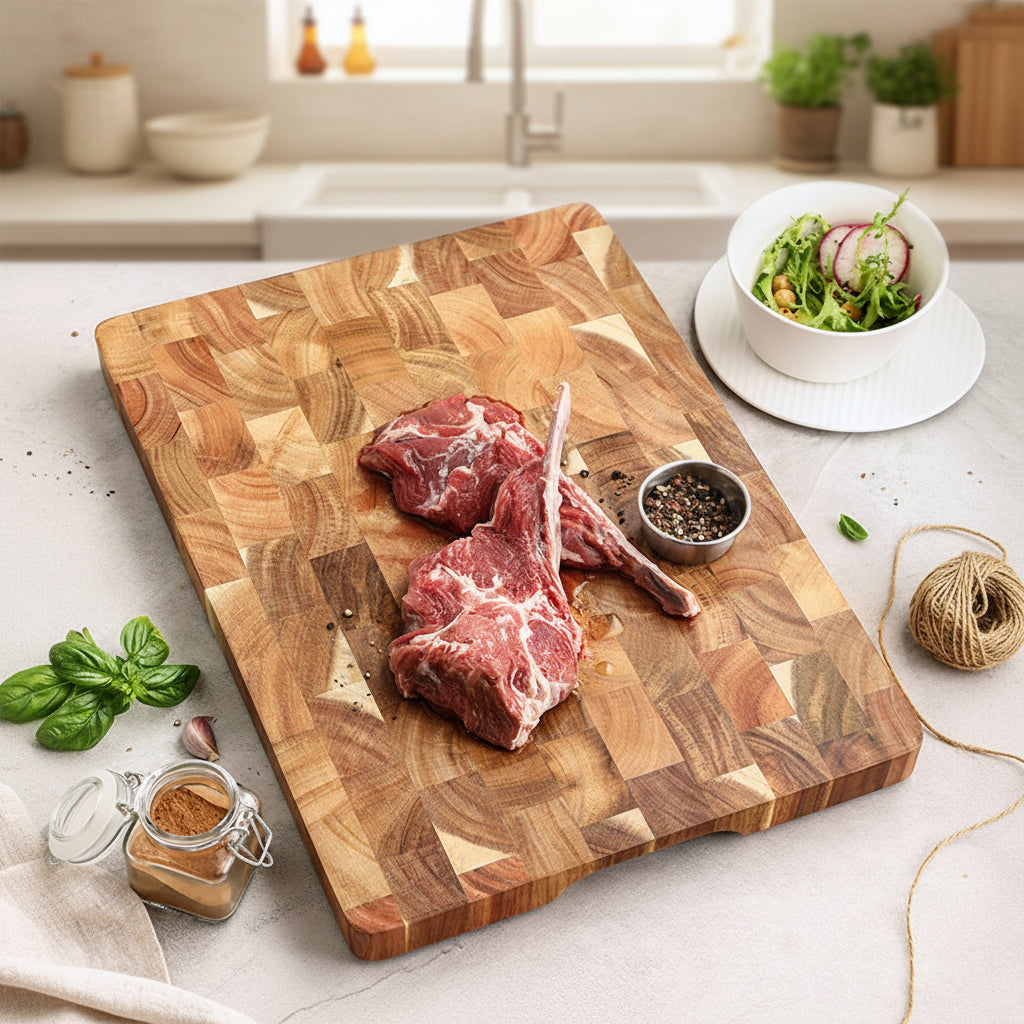 Yellow acacia wood cutting board by WoodyKitchenware, solid kitchen essential for meal prep and food chopping.