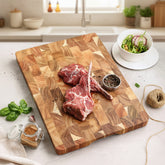 Yellow acacia wood cutting board by WoodyKitchenware, solid kitchen essential for meal prep and food chopping.
