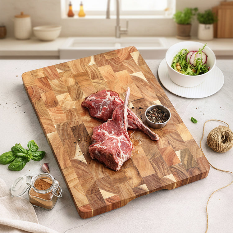 Yellow acacia wood cutting board by WoodyKitchenware, solid kitchen essential for meal prep and food chopping.